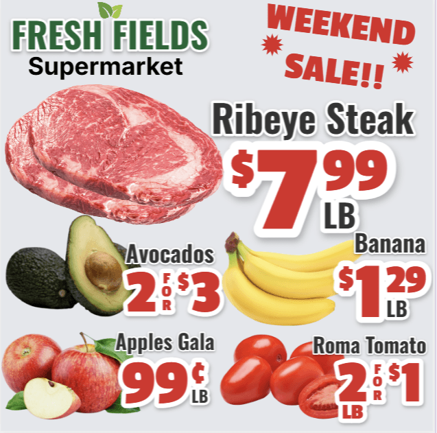 A finished Fresh Fields Supermarket weekend sale ad built in Aisleify