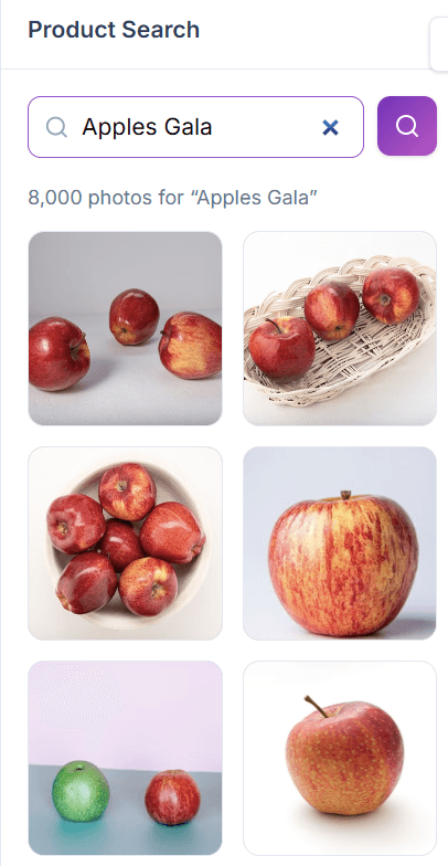 Aisleify's Product Search panel with an Apples Gala query and a grid of apple photos